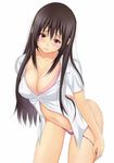  bent_over black_hair blush bra breasts cleavage cowboy_shot dress_shirt frown large_breasts long_hair looking_at_viewer muffin_(sirumeria) navel open_clothes original panties purple_eyes shirt simple_background solo underwear undressing white_background 