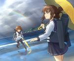  brown_hair cannon closed_eyes cloud day fang folded_ponytail ikazuchi_(kantai_collection) inazuma_(kantai_collection) kantai_collection kuro_oolong long_sleeves multiple_girls ocean open_mouth pantyhose rainbow school_uniform short_hair skirt sky sleeves_rolled_up turret umbrella weapon yellow_eyes 
