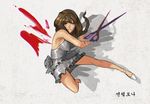  bad_id bad_pixiv_id blood blood_splatter braid breasts brown_hair character_request dress highres hirundo_rustica impossible_clothes impossible_dress jumping long_hair medium_breasts oversized_object scissors single_braid solo 