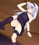  absurdres afilia_(kiyomin) bdsm blush bondage bound breasts choker frown headband highres kiyomin kneehighs leg_garter long_hair lying nipples on_back original petite pussy red_eyes rope silver_hair small_breasts socks solo 