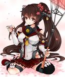  antennae black_legwear breasts brown_hair cup elbow_gloves flower gloves hair_ornament kantai_collection large_breasts long_hair miniskirt navel ponytail red_eyes single_thighhigh skirt smile solo sumyu_(chinpansha) thighhighs umbrella very_long_hair yamato_(kantai_collection) 