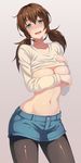  bad_id bad_pixiv_id blush breasts brown_hair cleavage contrapposto covering covering_breasts denim denim_shorts green_eyes head_tilt large_breasts legwear_under_shorts long_hair looking_at_viewer low_twintails midriff navel no_bra original othel_(hatimorris) pantyhose parted_lips scrunchie shirt_lift shorts slender_waist solo standing stomach twintails v-neck 