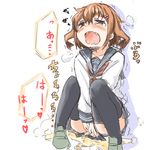 bad_id bad_pixiv_id black_legwear blush brown_eyes brown_hair collarbone covering covering_crotch darkside fang hair_ornament hairclip ikazuchi_(kantai_collection) kantai_collection long_sleeves open_mouth pee peeing peeing_self school_uniform short_hair skirt solo tears thighhighs 