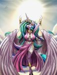  2018 anthro anthrofied breasts cleavage clothed clothing dress equine erect_nipples female footwear friendship_is_magic high_heels horn jewelry kasaler legwear looking_at_viewer mammal my_little_pony nipple_bulge nipples princess_celestia_(mlp) shoes socks solo stockings sun thigh_highs winged_unicorn wings 