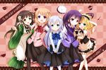  :3 :d :o ama_usa_an_uniform apron black_legwear blonde_hair blue_eyes blue_hair blush brown_hair checkered checkered_background copyright_name cup dress_shirt english fleur_de_lapin_uniform flower frilled_apron frills gochuumon_wa_usagi_desu_ka? green_eyes hair_flower hair_ornament hairclip hand_on_another's_head hand_on_another's_shoulder highres holding hoto_cocoa kafuu_chino kirima_sharo lace_border lineup long_hair looking_at_viewer maid_headdress multiple_girls nanakusagayu_(nanakusa_garou) neck_ribbon nose_blush open_mouth purple_eyes purple_hair rabbit_house_uniform ribbon shirt short_hair short_sleeves silhouette skirt sleeves_past_wrists smile standing teacup teapot tedeza_rize thighhighs tippy_(gochiusa) twintails ujimatsu_chiya v_arms vest wa_maid white_legwear wide_sleeves wrist_cuffs x_hair_ornament 