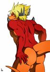  anthro back back_turned backsack balls biceps big_muscles blonde_hair buddyfight butt claws dragon drum_(buddyfight) fangs hair horn looking_at_viewer looking_back male muscles nude pecs plain_background pose red_dragon red_skin rossciaco solo standing white_background yellow_eyes 