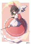  absurdres bow brown_hair detached_sleeves gohei hair_bow hair_tubes hakurei_reimu highres long_sleeves looking_at_viewer open_mouth red_eyes shirt signature skirt skirt_set solo spell_card touhou wide_sleeves yutamaro 