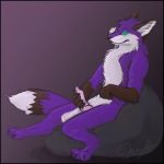 anthro bean_bag canine chair erection fox fur glowing glowing_eyes junicarie_(artist) knot looking_at_viewer male mammal mooda nude penis purple_fur simple_background sitting smile solo 