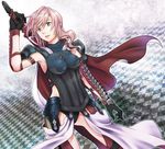  1girl armor armpit armpits breastplate cape emblem final_fantasy final_fantasy_xiii gloves green_eyes high_collar lightning_farron lightning_returns:_final_fantasy_xiii micha_(chaho) pink_hair strap sword weapon 