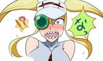  1girl bad_id bad_pixiv_id blonde_hair blue_eyes blush full-face_blush hakodate_omiko kill_la_kill long_hair minmin-zemi_(lover_paradox) open_mouth scope sharp_teeth sleeveless solo sweatdrop teeth translated twintails visor_cap 