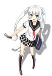  1girl bag black_legwear blue_eyes blush collar female itachi_kanade looking_at_viewer miss_monochrome miss_monochrome_(character) open_mouth phone school_uniform serafuku shadow short_sleeves simple_background skirt solo twintails white_background 