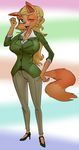  big_breasts breasts cleavage clothed clothing dawmino feline female green_eyes hair high_heels looking_at_viewer mammal nipple_bulge open_mouth plain_background smile solo wide_hips 