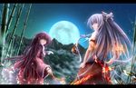  bamboo bamboo_forest bow branch brown_eyes forest fujiwara_no_mokou full_moon hair_bow hair_ribbon hands_on_hips highres houraisan_kaguya husky_(artist) jeweled_branch_of_hourai letterboxed long_hair long_sleeves looking_at_viewer looking_back moon mountain multiple_girls nature night pants purple_hair red_eyes ribbon shirt short_sleeves silver_hair skirt sky star_(sky) starry_sky suspenders touhou tress_ribbon very_long_hair wide_sleeves 