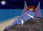  blue_skin breasts demona fab3716 female gargoyles hair invalid_tag jewelry looking_at_viewer moon navel night nipple_slip red_hair seaside solo water wings 