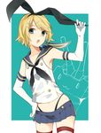  bare_shoulders black_panties blonde_hair chisumi cosplay elbow_gloves flat_chest gloves green_eyes hair_ornament hair_ribbon hairclip highleg highleg_panties highres kagamine_rin kantai_collection looking_at_viewer miniskirt navel panties ribbon sailor_collar shimakaze_(kantai_collection) shimakaze_(kantai_collection)_(cosplay) short_hair skirt solo striped striped_legwear thighhighs underwear vocaloid white_gloves 