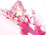  cherry detached_sleeves food fruit hatsune_miku kamari_(kama_ri) long_hair lying necktie one_eye_closed petals pink_eyes pink_hair pink_legwear sakura_miku skirt solo vocaloid 