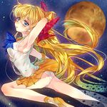  aino_minako armpits bad_id bad_pixiv_id bare_legs bishoujo_senshi_sailor_moon blonde_hair blue_eyes blurry bow from_side full_moon hair_bow highres long_hair moon orange_sailor_collar orange_skirt outstretched_leg panties pleated_skirt pose red_bow sailor_collar sailor_senshi_uniform sailor_venus shikke_(1877944) skirt skirt_lift sleeveless solo star strappy_heels underwear white_panties 