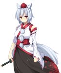  animal_ears breasts clenched_hand detached_sleeves frown hat highres inubashiri_momiji kourindou_tengu_costume looking_at_viewer medium_breasts obi sash short_hair silver_hair solo sword tail tokin_hat touhou transparent_background weapon wolf_ears wolf_tail yabu_q yellow_eyes 