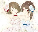  alternate_hairstyle bare_shoulders black_hair brown_hair bucket choker choukai_(kantai_collection) dress flower glasses gloves hair_ornament haru_mineko jewelry kantai_collection long_hair maya_(kantai_collection) multiple_girls necklace open_mouth ponytail red_eyes short_hair smile wedding_dress 