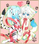  animal_ears bad_id bad_pixiv_id blue_eyes blush borrowed_character closed_eyes furry fuurin_rei heart highres long_hair multiple_girls naked_ribbon open_mouth original paw_print ribbon rule_koforia shikishi short_hair sitting smile tail tomoyan_(nyakkoya) traditional_media v_arms wariza 