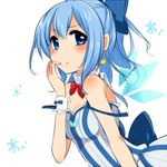  alternate_costume blue_eyes blue_hair blue_nails blush body_blush bow breasts cirno cleavage detached_collar earrings hair_bow highres ice ice_wings jewelry looking_at_viewer medium_breasts nail_polish negiko simple_background snowflakes solo star star_earrings strap_slip touhou white_background wings wrist_cuffs 