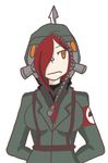  armband arms_behind_back black_egrets breasts cosplay hair_over_one_eye hood hoodie large_breasts long_hair nyoro_mutou parasoul_(skullgirls) red_hair skullgirls solo yellow_eyes 