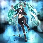  armband bracelet green_eyes green_hair hatsune_miku headphones jewelry long_hair microphone microphone_stand navel necktie open_mouth pantyhose shorts solo spraywork suspenders twintails very_long_hair vocaloid 