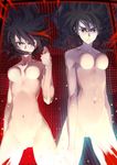  bad_id bad_pixiv_id black_eyes black_hair breasts cici clenched_hand frown highres kill_la_kill kiryuuin_satsuki long_hair looking_at_viewer matoi_ryuuko medium_breasts multicolored_hair multiple_girls navel no_nipples no_pussy nude red_hair short_hair transformation two-tone_hair 