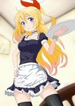  :o alternate_costume black_legwear blonde_hair blue_eyes blush breasts choker enmaided hair_ribbon hand_on_hip kirisaki_chitoge long_hair maid medium_breasts nisekoi ribbon ryuinu solo thighhighs tray wrist_cuffs 