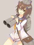  bad_id bad_pixiv_id bag bangs binoculars blush brown_hair dress fumatake handbag kantai_collection long_sleeves open_mouth sailor_dress short_hair solo yellow_eyes yukikaze_(kantai_collection) 