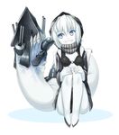  backpack bag cannon grin highres hood kantai_collection long_sleeves pale_skin purple_eyes re-class_battleship sakais3211 scarf shinkaisei-kan short_hair silver_hair sitting smile solo tail teeth turret weapon white_background 