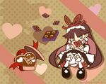  blue_eyes blush box brown_background chocolate chocolate_heart dress embarrassed feli_(puyopuyo) frown hairband heart heart-shaped_box heart_background long_hair official_style polka_dot polka_dot_background purple_hair puyopuyo puyopuyo_fever shoes solo valentine white_legwear y&amp;k 