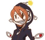  cosplay cyborg extra_eyes eye_socket full-length_zipper grin hood hoodie lenny_the_bomb nyoro_mutou orange_hair peacock_(skullgirls) red_eyes sharp_teeth short_hair skullgirls smile solo teeth zipper 