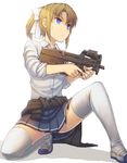  blonde_girl_(itou) blonde_hair blue_eyes bow bullpup clothes_around_waist dress_shirt gun hair_bow highres holding holding_gun holding_weapon itou_(onsoku_tassha) original p90 panties pantyshot pantyshot_(squatting) parted_lips pleated_skirt ponytail school_uniform shirt shoes short_hair skirt sleeves_rolled_up solo squatting submachine_gun sweat sweater sweater_around_waist thighhighs trigger_discipline tsurime underwear upskirt uwabaki weapon white_legwear 