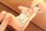  :d absurdres bare_shoulders blonde_hair breasts dutch_angle green_eyes highres kore_wa_zombie_desu_ka? medium_breasts muririn naked_towel open_mouth sauna scan short_hair sitting smile solo towel yoshida_yuki 