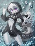  glowing glowing_eyes grin hood jacket kantai_collection matokechi o-ring o-ring_top pale_skin purple_eyes re-class_battleship scarf shinkaisei-kan short_hair silver_hair smile solo tail water 