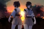  asuna_(i_luv) battleship brown_eyes brown_hair detached_sleeves hyuuga_(kantai_collection) ise_(kantai_collection) japanese_clothes kantai_collection military military_vehicle multiple_girls ponytail ribbon-trimmed_sleeves ribbon_trim ship short_hair skirt sunset warship watercraft wide_sleeves 