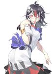  akanbe black_hair cuffs dress hand_on_own_face haruba_negi highres horns kijin_seija looking_at_viewer looking_back multicolored_hair puffy_sleeves red_eyes red_hair ribbon short_hair short_sleeves simple_background smile solo tongue tongue_out touhou white_background white_hair 