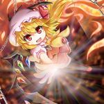  ascot black_legwear blonde_hair blush bow fang flandre_scarlet hat highres open_mouth red_eyes ribbon short_hair side_ponytail smile solo sore_(whirlwind) thighhighs touhou wall wings zettai_ryouiki 