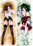  bad_id bad_pixiv_id blush breasts brown_hair dakimakura felice_qaddaf full_body garter_straps glasses green_hair japanese_clothes long_hair looking_at_viewer lying masturbation miko multiple_girls nipples on_back open_mouth original purple_eyes small_breasts 