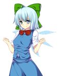  ahoge arms_up blue_eyes blue_hair bow cirno hair_bow looking_at_viewer short_hair short_sleeves skirt skirt_set solo touhou transparent_background wings yabu_q 
