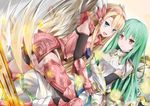  aqua_eyes armor athena_(p&amp;d) bad_id bad_pixiv_id blonde_hair elbow_gloves gloves green_hair hairband konka long_hair minerva_(p&amp;d) multiple_girls puzzle_&amp;_dragons red_eyes shield sword weapon wings 