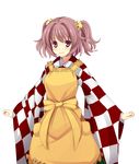  apron bell blush checkered clothes_writing hair_bell hair_ornament japanese_clothes jingle_bell long_sleeves looking_at_viewer motoori_kosuzu red_eyes red_hair short_hair smile solo touhou transparent_background two_side_up wide_sleeves yabu_q 