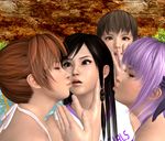  3d 4girls ayane ayane_(doa) dead_or_alive eyes_closed hitomi hitomi_(doa) kasumi kasumi_(doa) kiss kokoro kokoro_(doa) multiple_girls surprised yuri 