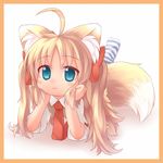  animal_ears blonde_hair blush borrowed_character chisa_(kuroneko_liger) fox_ears fox_tail highres long_hair lying necktie on_stomach original red_neckwear simple_background smile solo striped tail ueno_musashi white_background 