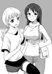  7001 bag furutani_himawari glasses greyscale grin handbag long_hair monochrome multiple_girls older oomuro_sakurako short_hair shorts smile teeth thighhighs v yuri yuru_yuri 