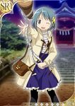  ;) alternate_costume bag black_legwear blue_eyes blue_hair card_(medium) hair_ornament mahou_shoujo_madoka_magica miki_sayaka official_art one_eye_closed pantyhose short_hair shrine shrine_bell smile solo trading_card 