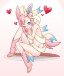  1girl animal_ears blue_eyes boots gloves heart hearts high_heel_boots high_heels long_hair no_panties pink_hair pokemon solo sylveon wink 