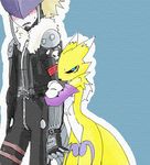  black_nose black_sclera blue_eyes blush clothed clothing digimon facial_markings gloves hug jacket markings renamon takao-hikari 