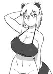  animal_ears araiguma-san bottomless breasts cleavage expressionless greyscale halter_top halterneck huge_breasts monochrome original out-of-frame_censoring pubic_hair raccoon_ears raccoon_tail short_hair solo spaghetti_strap strap_gap tail tsukudani_(coke-buta) 